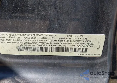 2007 Volkswagen Jetta из США, поврежденный, VIN 3VWGG71KX7M090748